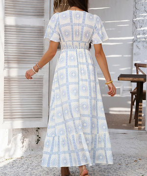 Chic Print Contrast Color V-Neck High-Waisted Dress