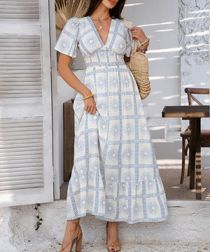 Chic Print Contrast Color V-Neck High-Waisted Dress