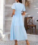 Chic V-neck High-Waisted Short-Sleeved Slit Dress for Elegance