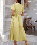 Chic V-neck High-Waisted Short-Sleeved Slit Dress for Elegance