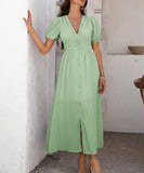 Chic V-neck High-Waisted Short-Sleeved Slit Dress for Elegance