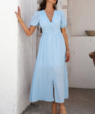 Chic V-neck High-Waisted Short-Sleeved Slit Dress for Elegance