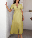 Chic V-neck High-Waisted Short-Sleeved Slit Dress for Elegance