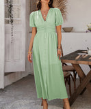 Chic V-neck High-Waisted Short-Sleeved Slit Dress for Elegance