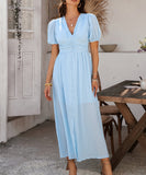 Chic V-neck High-Waisted Short-Sleeved Slit Dress for Elegance