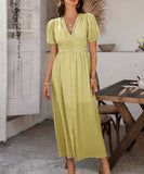 Chic V-neck High-Waisted Short-Sleeved Slit Dress for Elegance