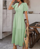 Chic V-neck High-Waisted Short-Sleeved Slit Dress for Elegance