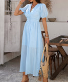 Chic V-neck High-Waisted Short-Sleeved Slit Dress for Elegance