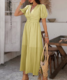 Chic V-neck High-Waisted Short-Sleeved Slit Dress for Elegance