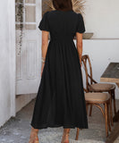 Chic V-neck High-Waisted Short-Sleeved Slit Dress for Elegance