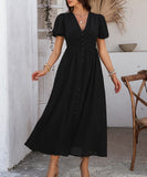 Chic V-neck High-Waisted Short-Sleeved Slit Dress for Elegance
