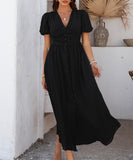 Chic V-neck High-Waisted Short-Sleeved Slit Dress for Elegance
