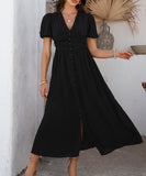 Chic V-neck High-Waisted Short-Sleeved Slit Dress for Elegance