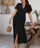 Chic V-neck High-Waisted Short-Sleeved Slit Dress for Elegance