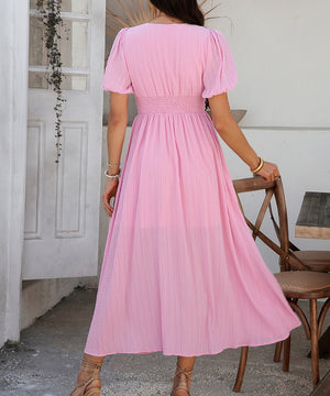 Chic V-neck High-Waisted Short-Sleeved Slit Dress for Elegance