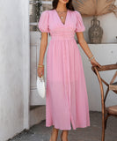 Chic V-neck High-Waisted Short-Sleeved Slit Dress for Elegance