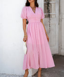 Chic V-neck High-Waisted Short-Sleeved Slit Dress for Elegance