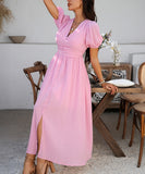Chic V-neck High-Waisted Short-Sleeved Slit Dress for Elegance