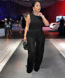 Sash Belt Pants and Sleeveless Fringe Top Set Bold Colors