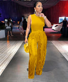 Sash Belt Pants and Sleeveless Fringe Top Set Bold Colors