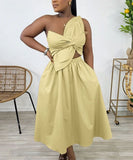 Solid Color One-Shoulder Flower Hollowed Dress for Summer