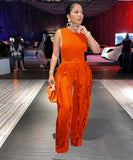 Sash Belt Pants and Sleeveless Fringe Top Set Bold Colors