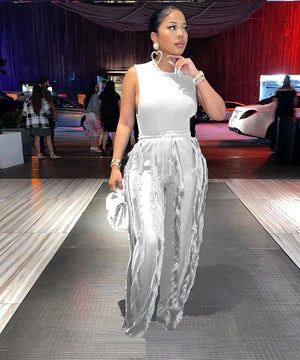 Sash Belt Pants and Sleeveless Fringe Top Set Bold Colors