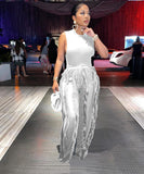 Sash Belt Pants and Sleeveless Fringe Top Set Bold Colors