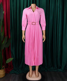 High Waist Pleated Long Sleeve Dress with Lapel and Belt