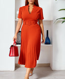 Short Sleeved V Neck Pleated High Waisted Dress in Vibrant Colors