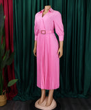 High Waist Pleated Long Sleeve Dress with Lapel and Belt