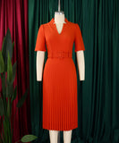 Short Sleeved V Neck Pleated High Waisted Dress in Vibrant Colors