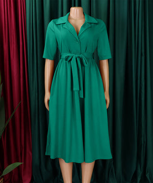 Short Sleeved Suit Style Collar Tie Dress in Solid Color with Belt