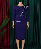 Elegant A-Line Pencil Skirt Dress With Belt in Deep Blue Green Rose Black