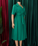 Short Sleeved Suit Style Collar Tie Dress in Solid Color with Belt