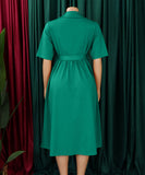 Short Sleeved Suit Style Collar Tie Dress in Solid Color with Belt