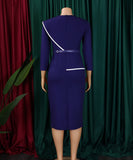Elegant A-Line Pencil Skirt Dress With Belt in Deep Blue Green Rose Black