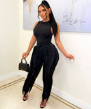 Sash Belt Pants and Sleeveless Fringe Top Set Bold Colors