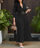 High Waist Pleated Long Sleeve Dress with Lapel and Belt