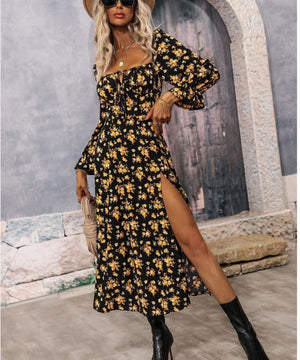 Chic Printed Slit Dress with Long Sleeves and Square Neckline