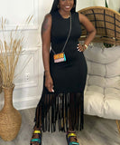 Solid Color Sleeveless Fringed Dress in Deep Pink Black Blue