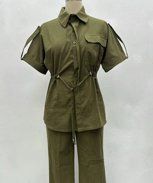 Casual Workwear Drawstring Shirt And Trousers Set Navy