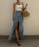 High Waisted Denim Skirt With Slit Full Skirt Deep Blue