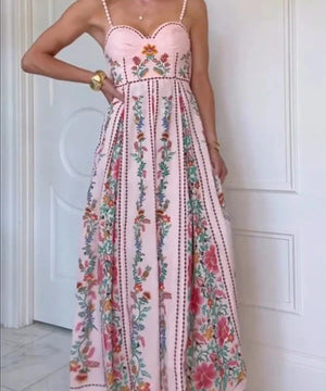 Beaded Halter Neck Sleeveless Pink Printed Dress for Party