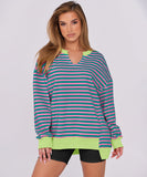 Striped V-Neck Loose Sports Shirt Hoodie For Women Relaxed Fit Moisture-Wicking Everyday