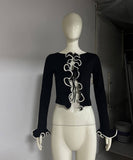 Chic Black Long Sleeve Cardigan with Lace Patchwork Contrast