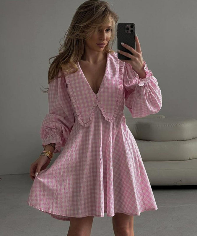 Charming Pink Plaid Dress with Butterfly Collar and Long Sleeves