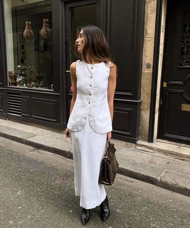 Chic White Square Neck Sleeveless Vest and High-Waisted Skirt Set