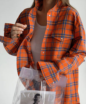 Chic Plaid Baggy Pocket Lapel Long-Sleeved Shirt in Orange