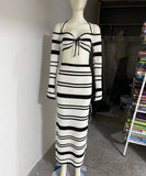 Bohemian Lace-Up Crop Top and Striped Skirt Knitted Set